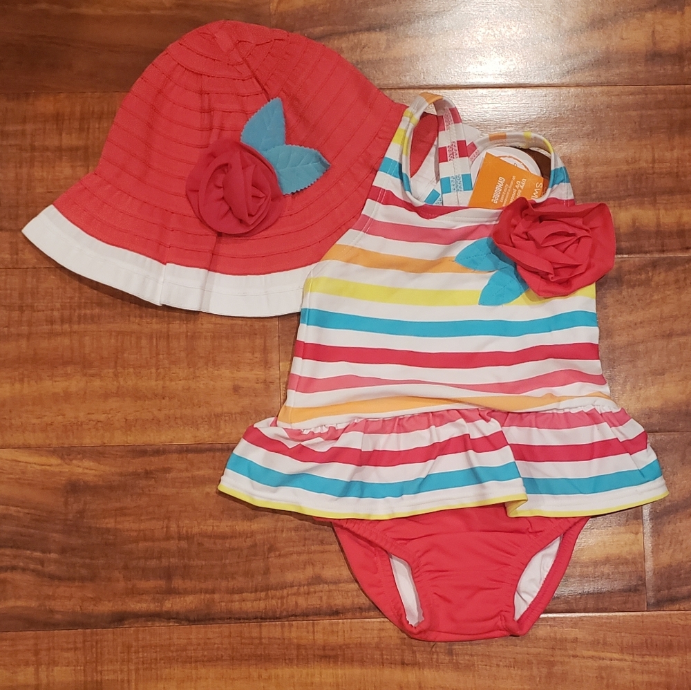 Gymboree NWT 2T rainbow stripe bathing suit with matching rosette sunhat 2T/3T